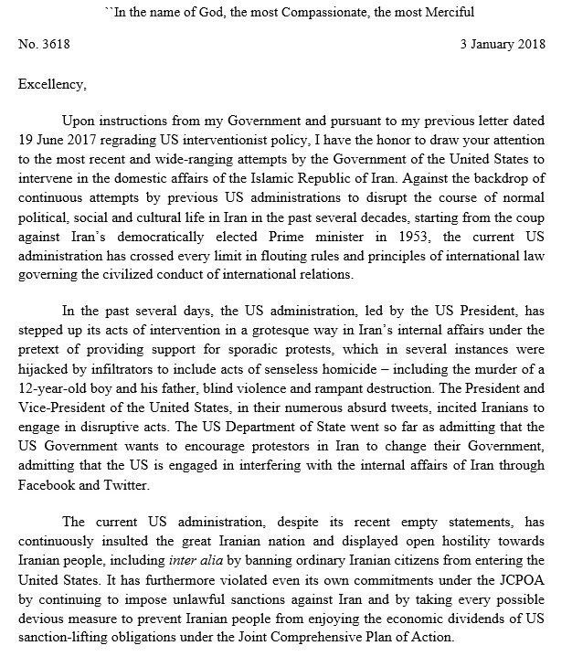 نامه اعتراضی ایران به شورای امنیت درباره دخالت آمریکا در امور داخلی
