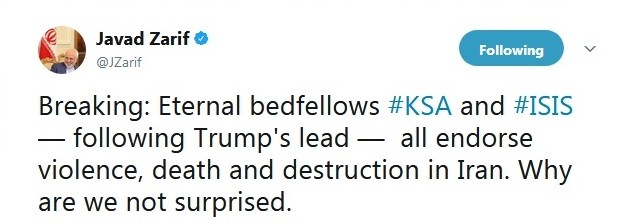 ظریف: عربستان سعودی و داعش با پیروی از ترامپ از خشونت و تخریب در ایران حمایت می کنند