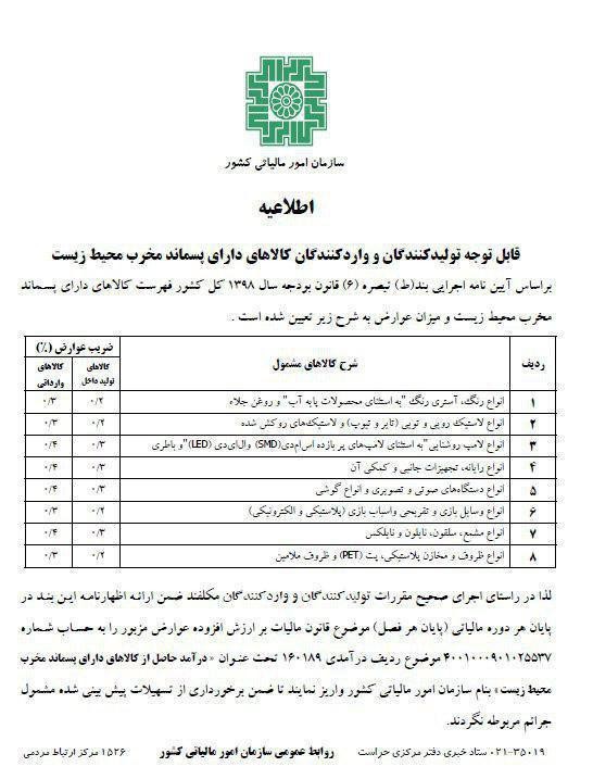اخذ عوارض جدید مالیاتی از انواع رنگ، آستری رنگ و روغن جلا تحت عنوان کالاهای دارای پسماند مخرب محیط زیست